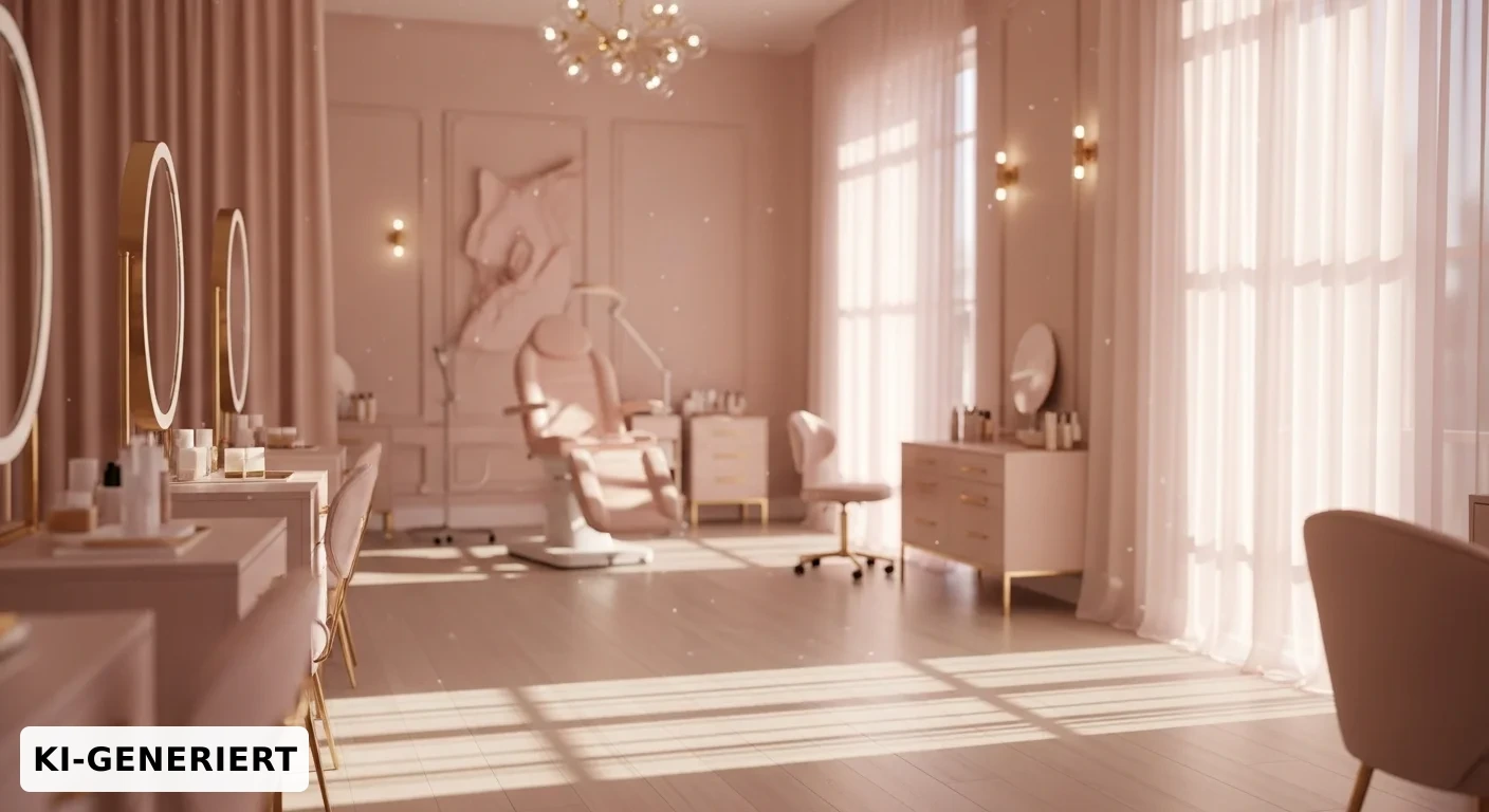 Ruhiger, heller Studioraum in Blush- und Elfenbeintönen mit goldenen Details