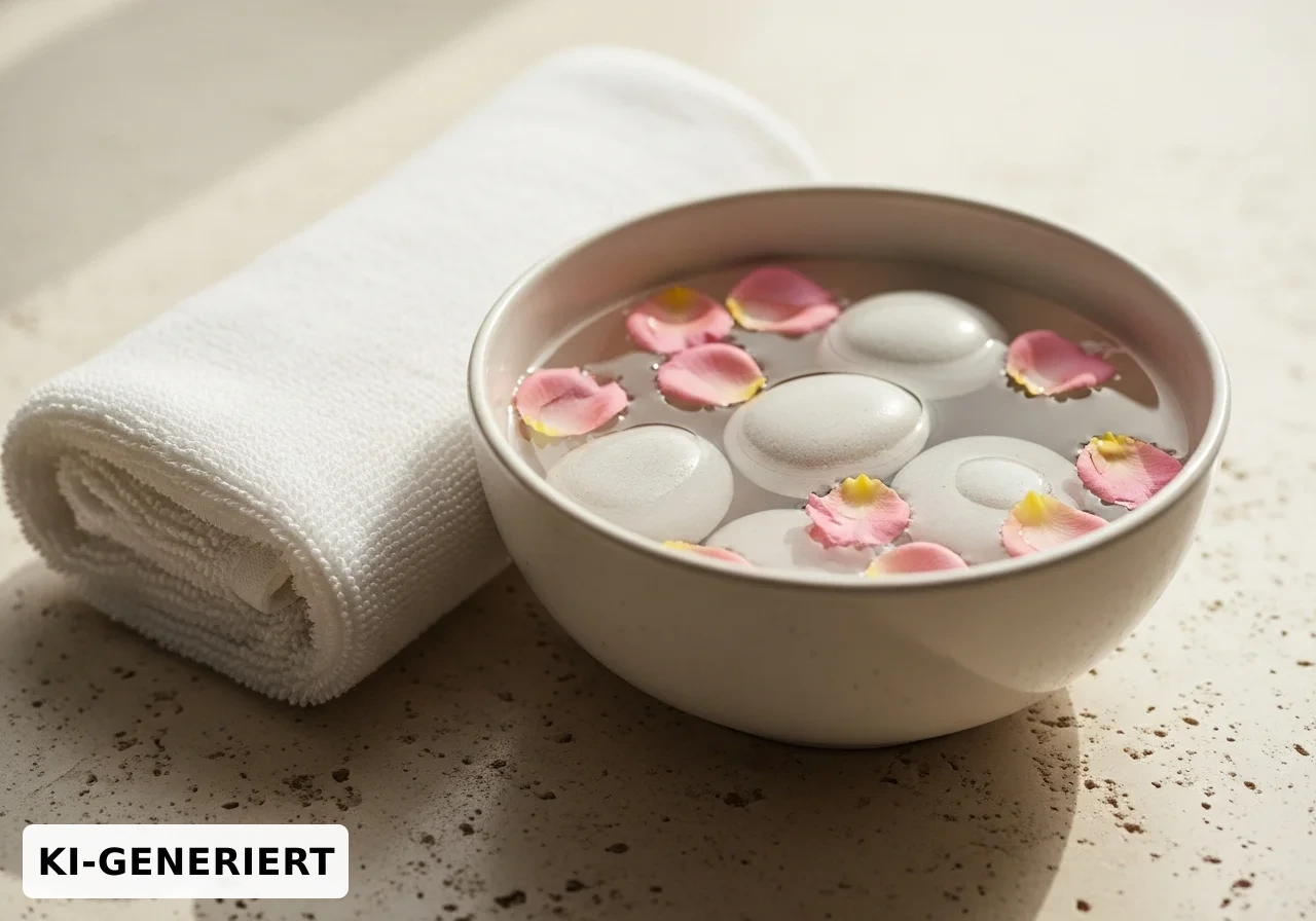 Spa-Schale mit glatten Steinen und Rosenblättern neben einem weißen Handtuch